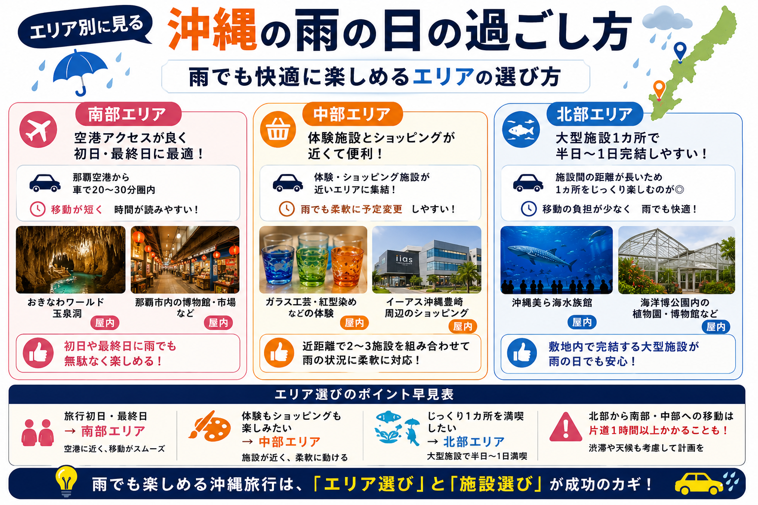エリア別に見る雨の日の過ごし方（南部・中部・北部）
