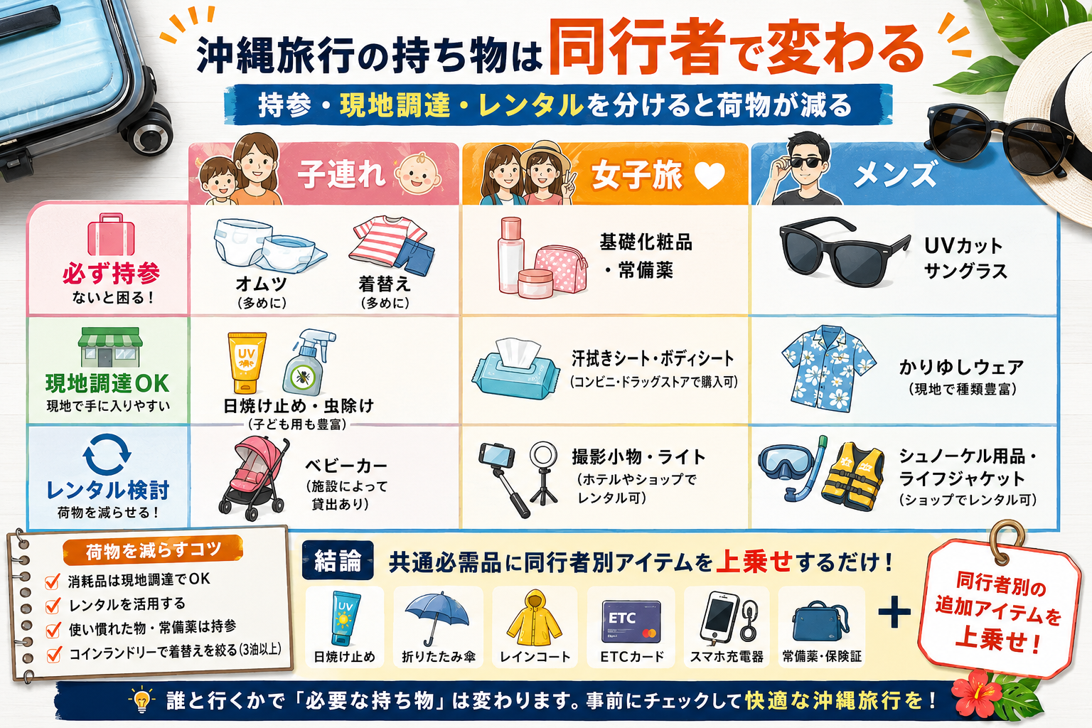 同行者別で変わる持ち物（子連れ・女子旅・メンズ）