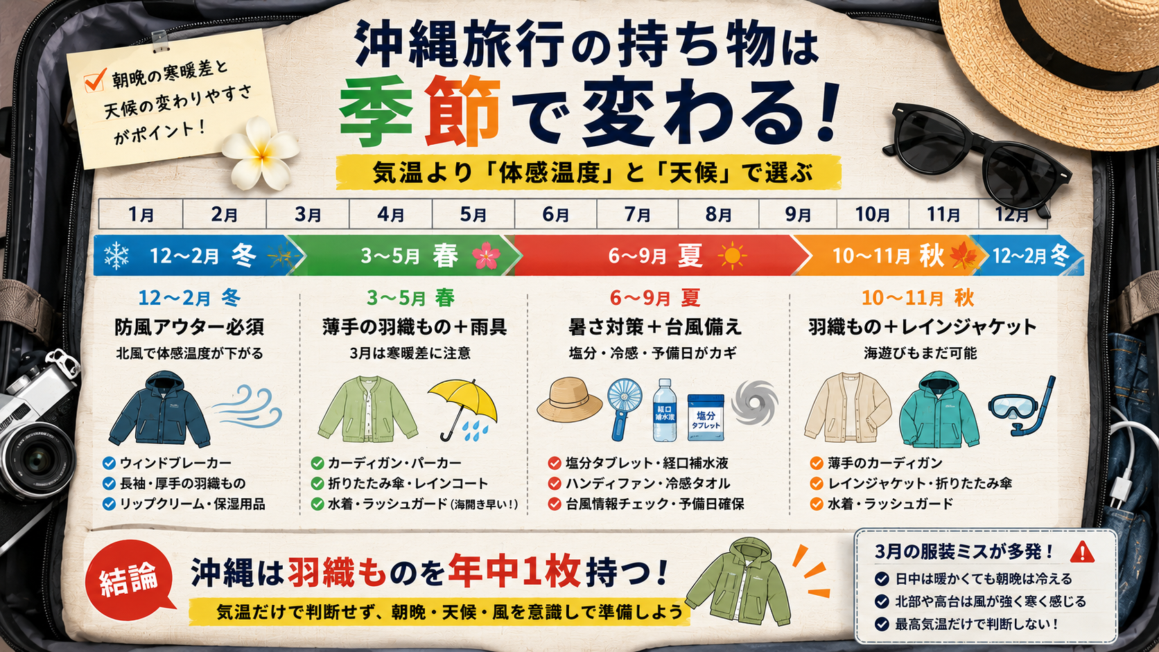 季節別に変わる持ち物の優先順位（春夏秋冬）