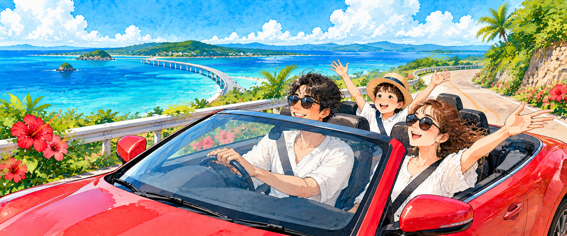 沖縄旅行でオープンカーを楽しむイメージ